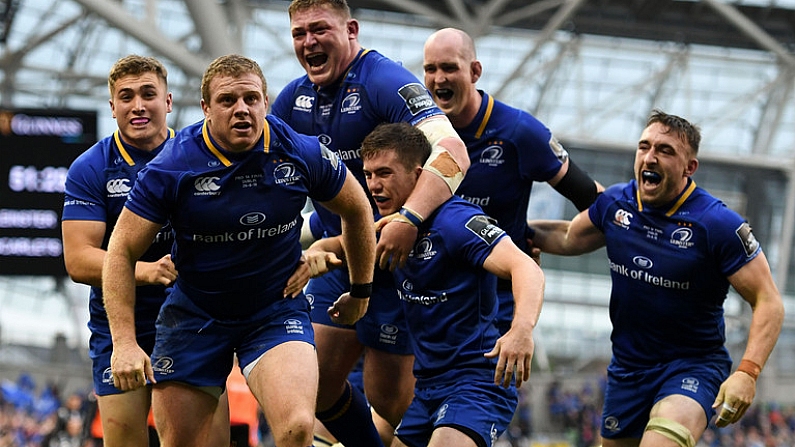 26 May 2018; Sean Cronin of Leinster celebrates with team-mates, from left, Jordan Larmour, Tadhg Furlong, Luke McGrath, Devin Toner and Jack Conan,  after scoring his side's third try during the Guinness PRO14 Final between Leinster and Scarlets at the Aviva Stadium in Dublin. Photo by Ramsey Cardy/Sportsfile