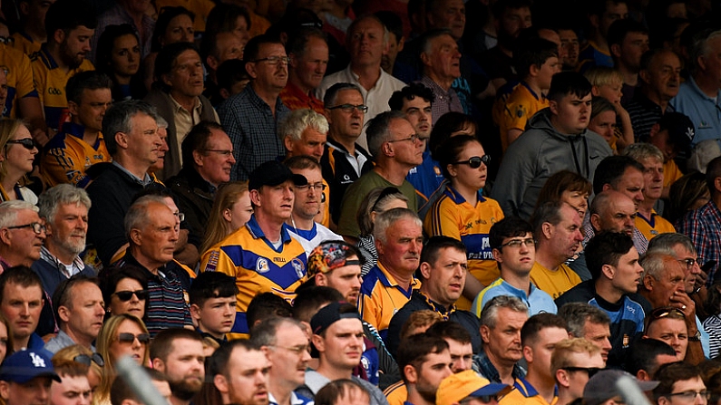 27 May 2018; A section of the 13,736 in attendance stand during the playing of the National Anthem before the Munster GAA Hurling Senior Championship Round 2 match between Clare and Waterford at Cusack Park in Ennis, Co Clare. Photo by Ray McManus/Sportsfile