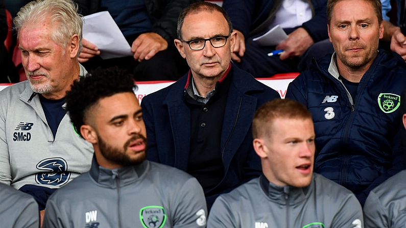 25 May 2018; Republic of Ireland manager Martin O'Neill, in the compnay of Republic of Ireland goalkeeping coach Seamus McDonagh, Republic of Ireland assistant coach Steve Guppy and internationals Derrick Williams and James McClean watch on during the SSE Airtricity League Premier Division match between Bohemians and Shamrock Rovers at Dalymount Park in Dublin. Photo by Stephen McCarthy/Sportsfile