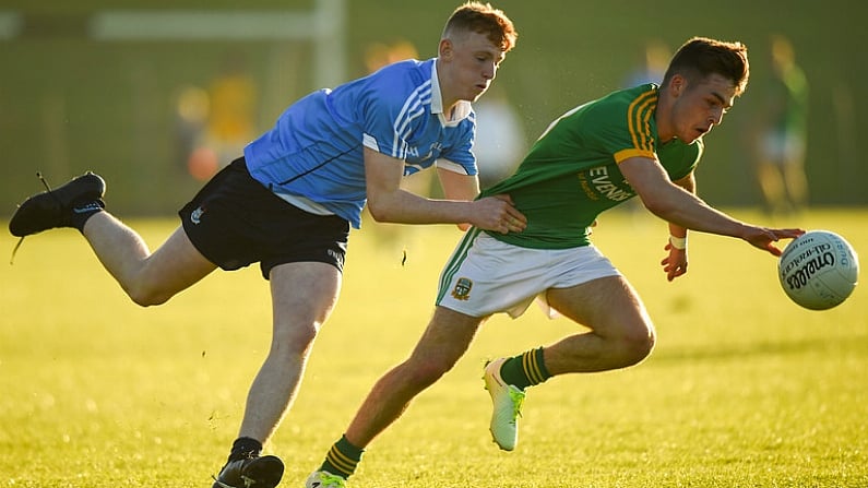 23 May 2018; Conor O'Brien of Meath in action against Josh Bannon of Dublin during the Electric Ireland Leinster GAA Football Minor Championship Round 2 match between Meath and Dublin at Pairc Tailteann in Navan, Co Meath. Photo by Barry Cregg/Sportsfile