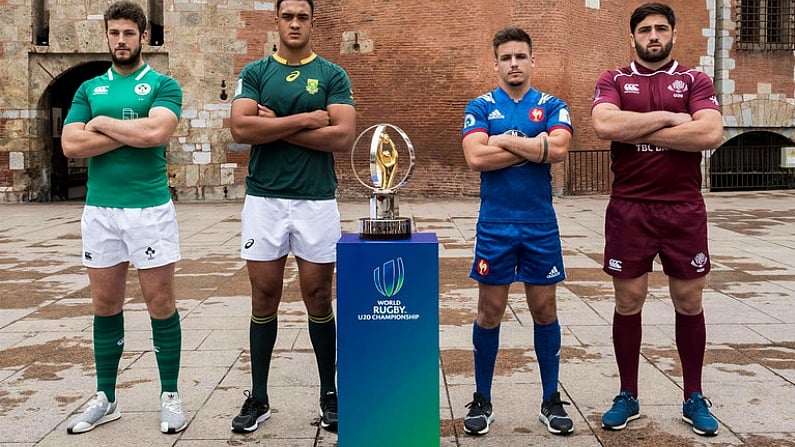 27 May 2018; The four captains of the World Rugby U20 Championship Pool C came together in front of the iconic Le Castillet in Perpignan, France. Pictured are, from left, Caelan Doris of Ireland, Salmaan Moerat of South Africa, Arthur Coville of France and Beka Saginadze of Georgia. Photo by Stephanie Biscaye/World Rugby/Sportsfile