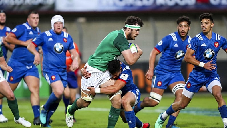 30 May 2018; Caelan Doris of Ireland is tackled by Adrien Seguret of France during the World Rugby U20 Championship 2018 Pool C match between France and Ireland at the Stade Aime Giral in Perpignan, France. Photo by Willy Mellet/Sportsfile