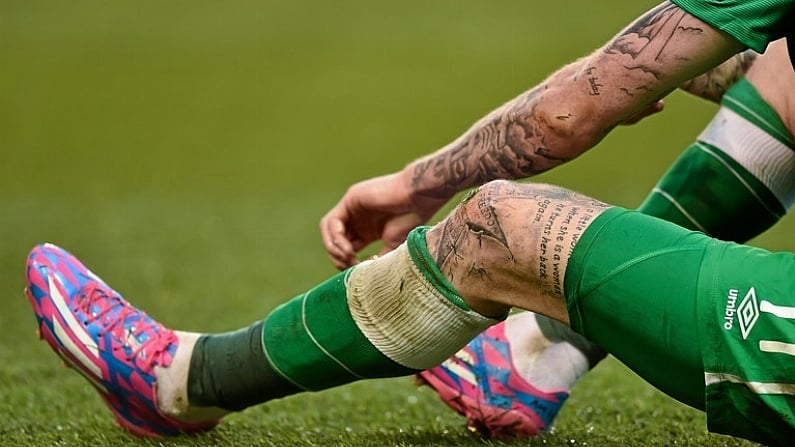 11 October 2014; Detail view of James McClean's tattoos. UEFA EURO 2016 Championship Qualifer, Group D, Republic of Ireland v Gibraltar. Aviva Stadium, Lansdowne Road, Dublin. Picture credit: Matt Browne / SPORTSFILE