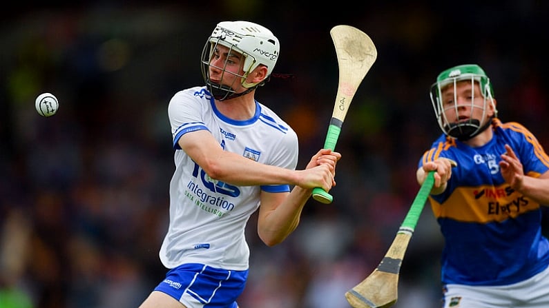 3 June 2018; Cian Wadding of Waterford in action against James Devaney of Tipperary during the Munster GAA Minor Hurling Championship Round 3 match between Waterford and Tipperary at Gaelic Grounds in Limerick. Photo by Piaras O Midheach/Sportsfile