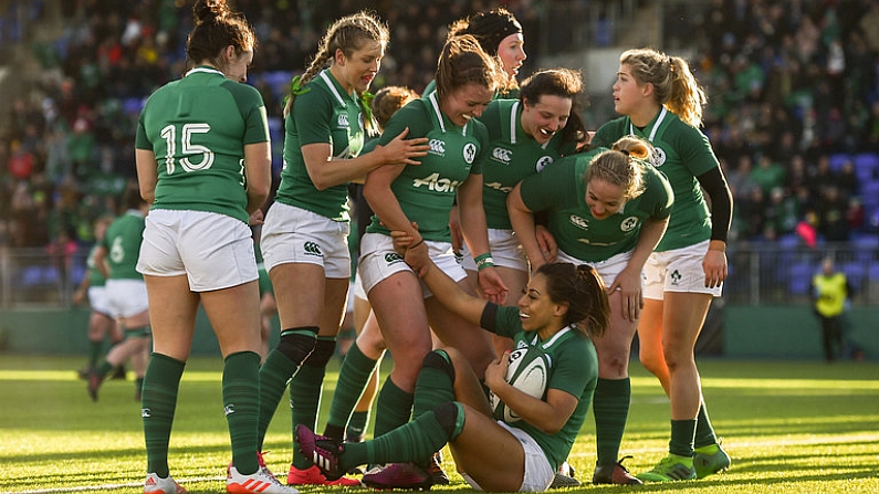 25 February 2018; Sene Naoupu of Ireland is congratulated by team mates after scoring her side's third try during the Women's Six Nations Rugby Championship match between Ireland and Wales at Donnybrook Stadium in Dublin. Photo by David Fitzgerald/Sportsfile