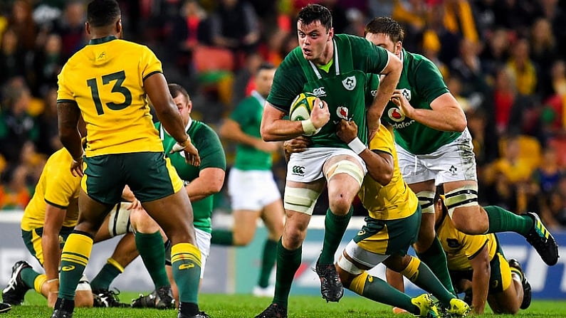 9 June 2018; James Ryan of Ireland is tackled by Will Genia of Australia during the 2018 Mitsubishi Estate Ireland Series 1st Test match between Australia and Ireland at Suncorp Stadium, in Brisbane, Australia. Photo by Brendan Moran/Sportsfile