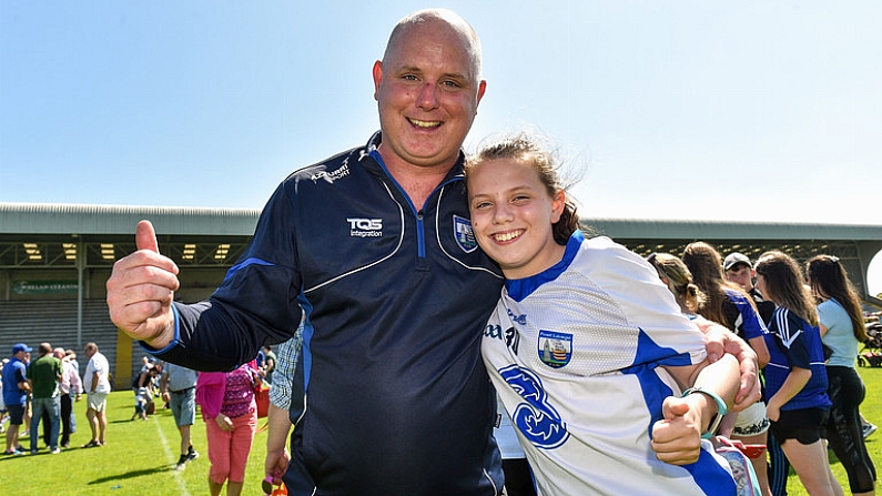 9 June 2018; Waterford manager Tom McGlinchey celebrates with his daughter Sinead, age 12, after the GAA Football All-Ireland Senior Championship Round 1 match between Wexford and Waterford at Innovate Wexford Park in Wexford. Photo by Matt Browne/Sportsfile