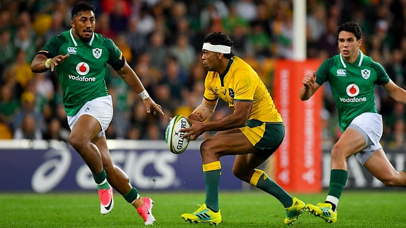 9 June 2018; Kurtley Beale of Australia in action against Bundee Aki of Ireland during the 2018 Mitsubishi Estate Ireland Series 1st Test match between Australia and Ireland at Suncorp Stadium, in Brisbane, Australia. Photo by Brendan Moran/Sportsfile