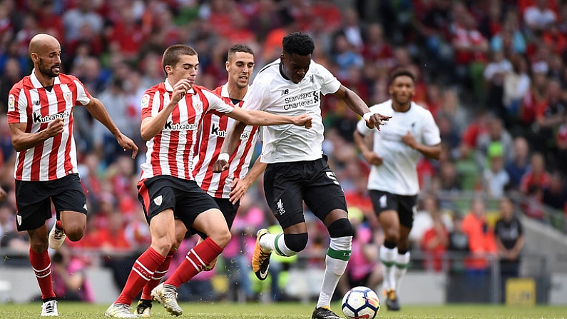 5 August 2017; Ovie Ejaria of Liverpool in action against Inigo Cordoba of Athletic Bilbao during the International Club soccer match between Liverpool and Athletic Bilbao at the Aviva Stadium in Dublin. Photo by Matt Browne/Sportsfile