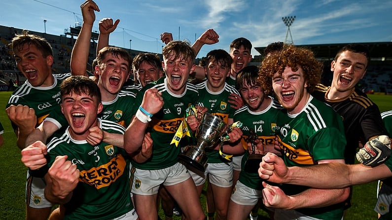 23 June 2018; Kerry players celebrate following the Electric Ireland Munster GAA Football Minor Championship Final match between Kerry and Clare at Pairc Ui Chaoimh in Cork. Photo by Stephen McCarthy/Sportsfile