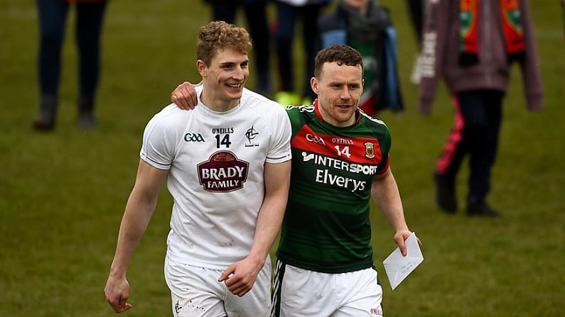 11 March 2018; Daniel Flynn of Kildare and Andy Moran of Mayo after the Allianz Football League Division 1 Round 5 match between Kildare and Mayo at St Conleth's Park in Newbridge, Kildare. Photo by Daire Brennan/Sportsfile