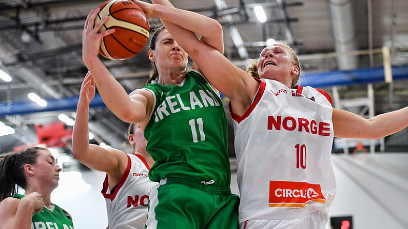 26 June 2018; Fiona O'Dwyer of Ireland collects a rebound ahead of Tina Moen of Norway during the FIBA 2018 Women's European Championships for Small Nations Group B match between Norway and Ireland at the Mardyke Arena in Cork, Ireland. Photo by Brendan Moran/Sportsfile