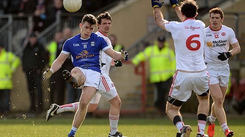 12 March 2017; Dara McVeety of Cavan in action against Justin McMahon of Tyrone during the Allianz Football League Division 1 Round 3 Refixture match between Tyrone and Cavan at Healy Park in Omagh, Co. Tyrone. Photo by Oliver McVeigh/Sportsfile