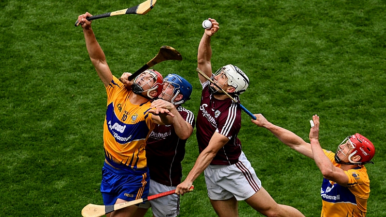 28 July 2018; Peter Duggan, left, and John Conlon of Clare in action against Paul Killeen, left, and Daithi Burke of Galway during the GAA Hurling All-Ireland Senior Championship semi-final match between Galway and Clare at Croke Park in Dublin. Photo by Ramsey Cardy/Sportsfile