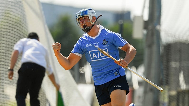 30 June 2018; Luke Swan of Dublin celebrates after scoring his side's 6th goal during the Electric Ireland Leinster GAA Hurling Minor Championship Final match between Dublin and Kilkenny at O'Moore Park in Portlaoise, Laois. Photo by Ray McManus/Sportsfile