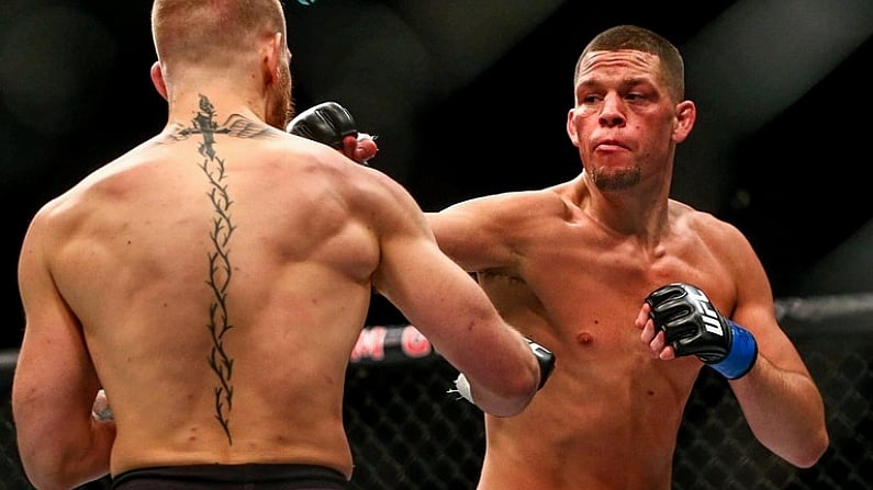 6 March 2016; Nate Diaz, right, in action against Conor McGregor during their welterweight bout. UFC 196: McGregor v Diaz. MGM Grand Garden Arena, Las Vegas, NV, USA. Picture credit: Mark J. Rebilas / SPORTSFILE