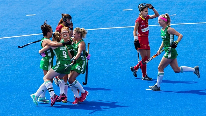 4 August 2018; Anna OFlanagan of Ireland celebrates with team mates after scoring the opening goal from a penalty corner during the Women's Hockey World Cup Finals semi-final match between Ireland and Spain at the Lee Valley Hockey Centre in QE Olympic Park, London, England. Photo by Craig Mercer/Sportsfile