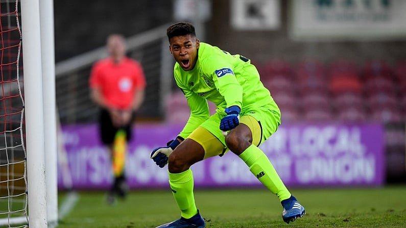 6 July 2018; Gavin Bazunu of Shamrock Rovers celebrates after saving a penalty from Kieran Sadlier of Cork City during the SSE Airtricity League Premier Division match between Cork City and Shamrock Rovers at Turner's Cross in Cork. Photo by Eoin Noonan/Sportsfile