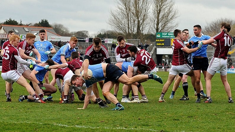 18 March 2018; Players from both sides tussle during the Allianz Football League Division 1 Round 6 match between Galway and Dublin at Pearse Stadium, in Galway. Photo by Ray Ryan/Sportsfile