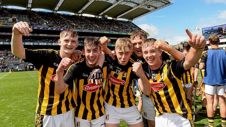 29 July 2018; Kilkenny players, from left, George Murphy, Darragh Maher, Cathal O'Leary, Dan Coogan and Jack Buggy celebrate after the Electric Ireland GAA Hurling All-Ireland Minor Championship Semi-Final match between Tipperary and Kilkenny at Croke Park, Dublin. Photo by Piaras O Midheach/Sportsfile