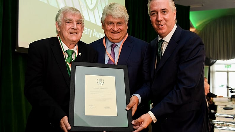 18 August 2018; FAI President Tony Fitzgerald, left, and John Delaney, CEO, Football Association of Ireland, right, make a presentation to newly elected FAI Honorary Life President Denis O'Brien during the Football Association of Ireland Annual General Meeting at the Rochestown Park Hotel in Cork. Photo by Stephen McCarthy/Sportsfile