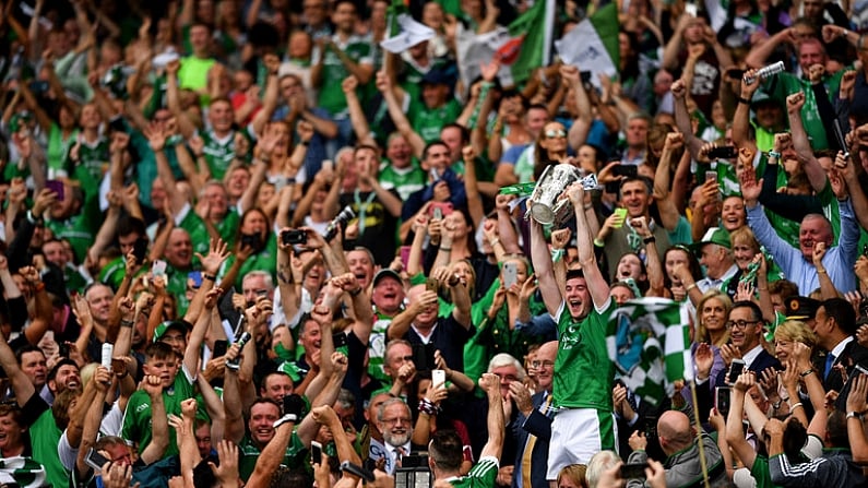 19 August 2018; Declan Hannon of Limerick lifting the cup following the GAA Hurling All-Ireland Senior Championship Final match between Galway and Limerick at Croke Park in Dublin.  Photo by Eoin Noonan/Sportsfile