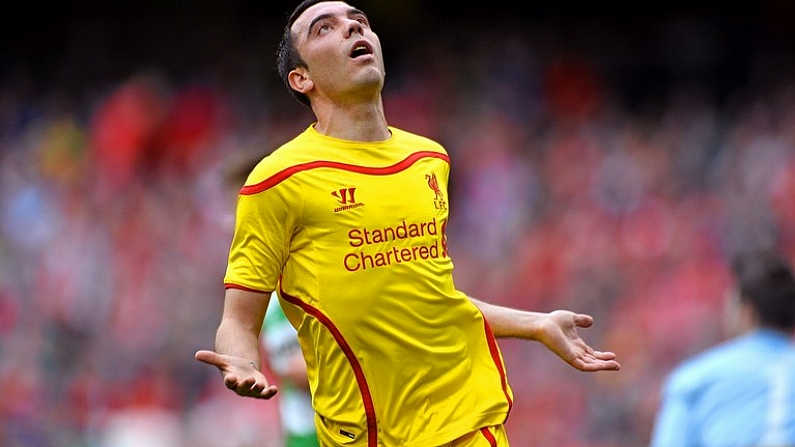 14 May 2014; Iago Aspas, Liverpool XI, reacts after a missed chance on goal. Friendly Match, Shamrock Rovers v Liverpool XI, Aviva Stadium, Lansdowne Road, Dublin. Picture credit: David Maher / SPORTSFILE