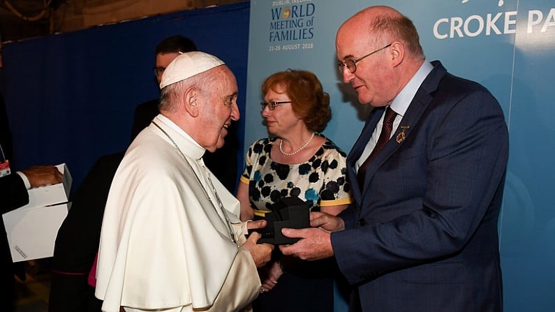 25 August 2018; Pope Francis with Uachtaran Chumann Luthchleas Gael John Horan during The Festival of Families at Croke Park in Dublin. Photo by Stephen McCarthy/Sportsfile