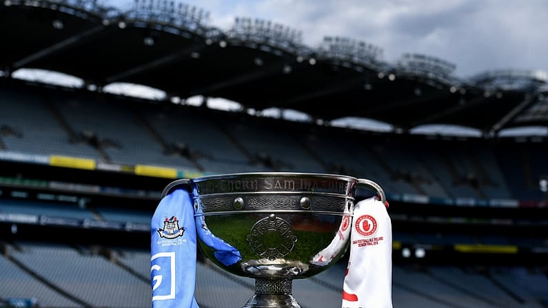 30 August 2018; The Sam Maguire Cup with the Dublin and Tyrone jerseys prior to the GAA Football All-Ireland Senior Championship Final at Croke Park, Dublin. Photo by Brendan Moran/Sportsfile