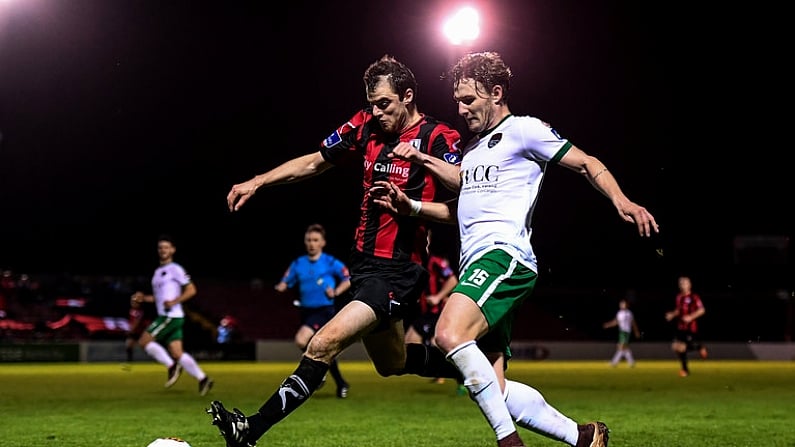 9 September 2017; Kieran Sadlier of Cork City in action against Noel Haverty of Longford Town during the Irish Daily Mail FAI Cup Quarter-Final match between Longford Town and Cork City at The City Calling Stadium in Longford. Photo by Stephen McCarthy/Sportsfile