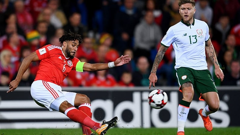 9 October 2017; Ashley Williams of Wales in action against Jeff Hendrick of Republic of Ireland during the FIFA World Cup Qualifier Group D match between Wales and Republic of Ireland at Cardiff City Stadium in Cardiff, Wales. Photo by Stephen McCarthy/Sportsfile