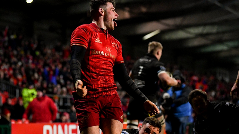 23 February 2018; Calvin Nash of Munster celebrates after scoring a try which was subsequently disallowed during the Guinness PRO14 Round 16 match between Munster and Glasgow Warriors at Irish Independent Park in Cork. Photo by Diarmuid Greene/Sportsfile