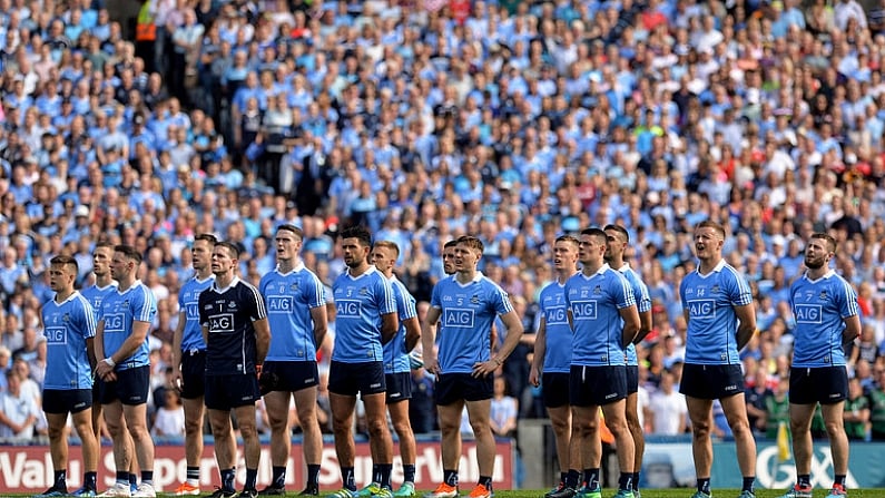 2 September 2018; The Dublin team stand for the National Anthem before the GAA Football All-Ireland Senior Championship Final match between Dublin and Tyrone at Croke Park in Dublin. Photo by Oliver McVeigh/Sportsfile