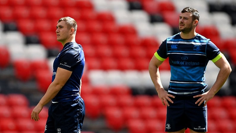 11 May 2018; Jordan Larmour, left, and Robbie Henshaw during the Leinster Rugby captains run at the San Mames Stadium, in Bilbao, Spain. Photo by Ramsey Cardy/Sportsfile