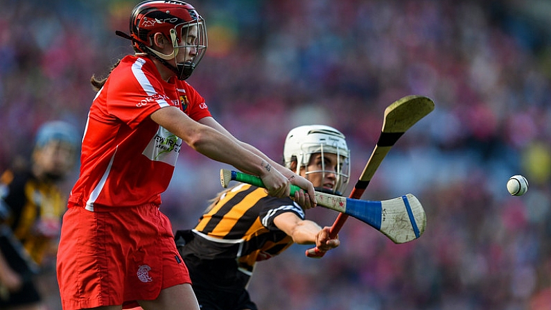 9 September 2018; Katrina Mackey of Cork in action against Davina Tobin of Kilkenny during the Liberty Insurance All-Ireland Senior Camogie Championship Final match between Cork and Kilkenny at Croke Park in Dublin. Photo by David Fitzgerald/Sportsfile