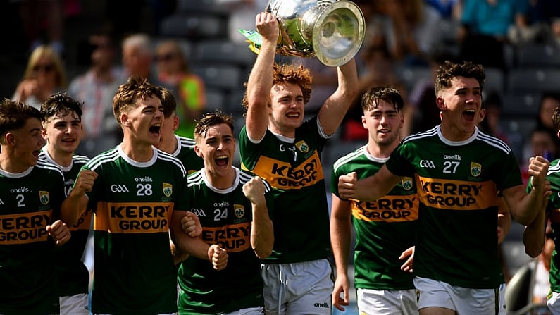 2 September 2018; Paul Walsh of Kerry celebrates with the Tom Markham Cup after the Electric Ireland GAA Football All-Ireland Minor Championship Final match between Kerry and Galway at Croke Park in Dublin. Photo by Piaras O Midheach/Sportsfile