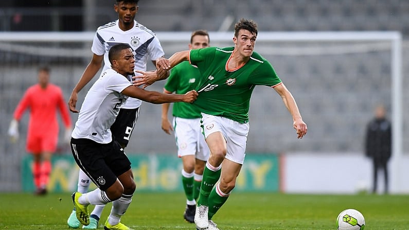 11 September 2018; Ryan Delaney of Republic of Ireland in action against Benjamin Henrichs of Germany during the UEFA European U21 Championship Qualifier Group 5 match between Republic of Ireland and Germany at Tallaght Stadium in Tallaght, Dublin. Photo by Brendan Moran/Sportsfile