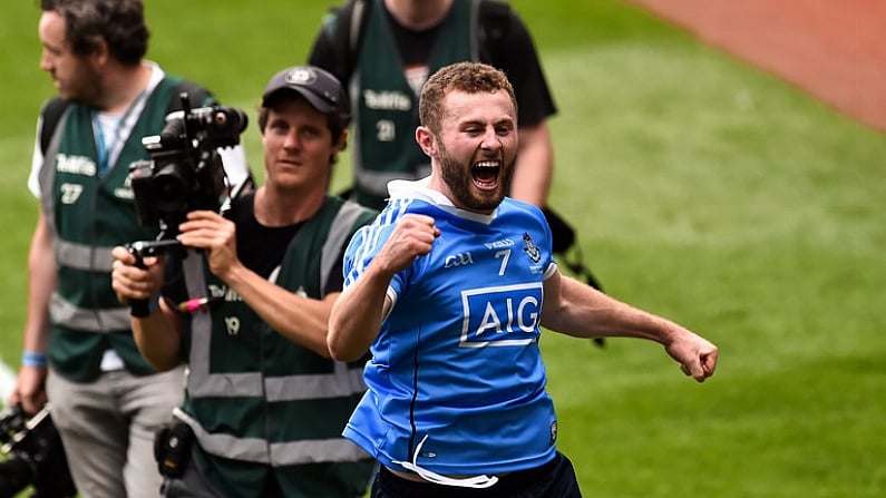 2 September 2018; Jack McCaffrey of Dublin celebrates after the GAA Football All-Ireland Senior Championship Final match between Tyrone and Dublin at Croke Park in Dublin. Photo by Oliver McVeigh/Sportsfile