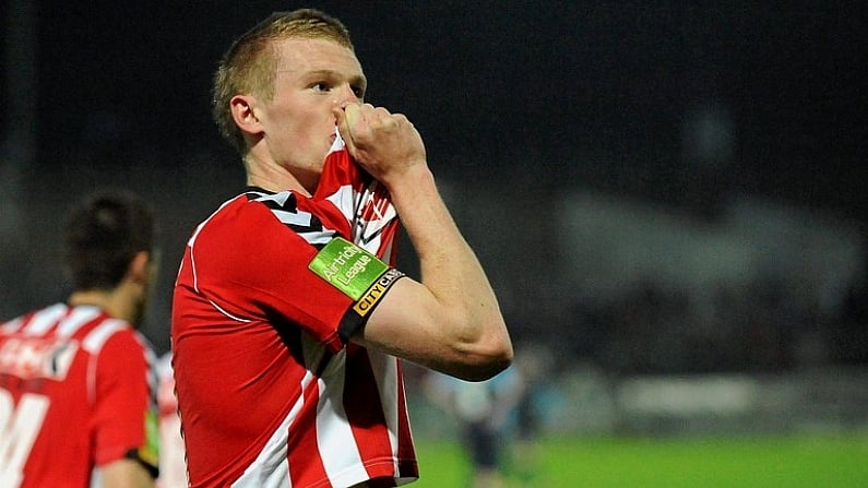 22 April 2011; James McClean, Derry City, celebrates after scoring his side's first goal. Airtricity League Premier Division, Derry City v St Patrick's Athletic, The Brandywell, Derry. Picture credit: Oliver McVeigh / SPORTSFILE