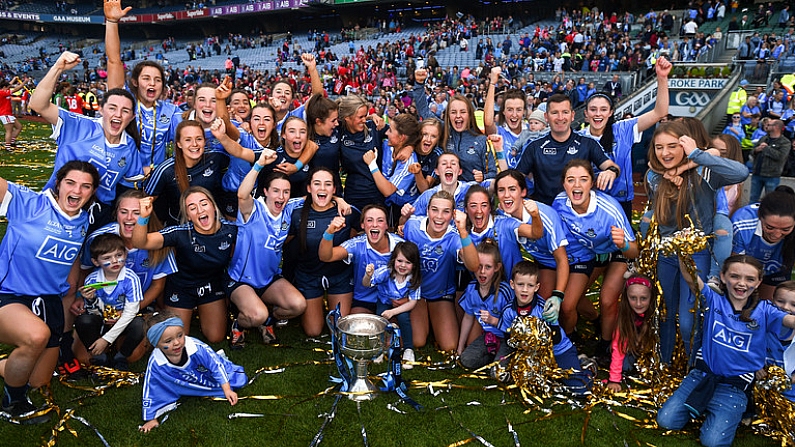 16 September 2018; The Dublin team celebrate with the Brendan Martin cup following the TG4 All-Ireland Ladies Football Senior Championship Final match between Cork and Dublin at Croke Park, Dublin. Photo by David Fitzgerald/Sportsfile