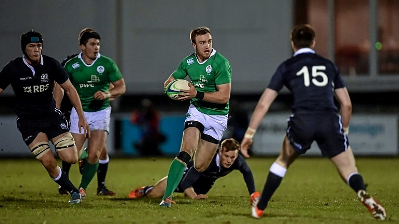 20 March 2015; Ciaran Gaffney, Ireland, makes a break down the pitch on the way to setting up his side's first try. U20's Six Nations Rugby Championship, Scotland v Ireland. Netherdale, Galashiels, Scotland. Picture credit: Brendan Moran / SPORTSFILE