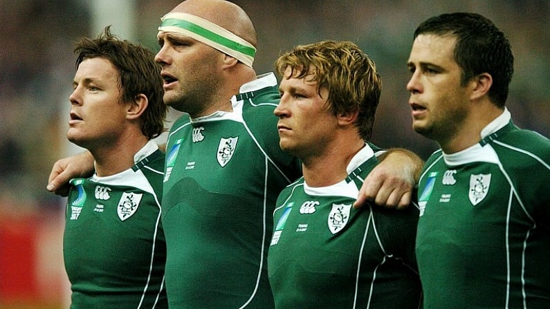 21 September 2007; Ireland players, from left, captain Brian O'Driscoll, John Hayes, Jerry Flannery and Marcus Horan stand for Ireland's Call. 2007 Rugby World Cup, Pool D, Ireland v France, The Stade de France, Saint Denis, Paris, France. Picture credit; Brendan Moran / SPORTSFILE