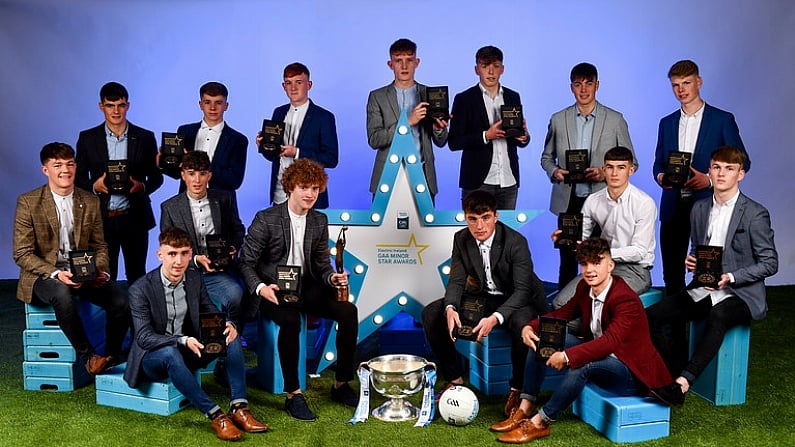 29 September 2018; The Electric Ireland Minor Football Team of the Year, back row, from left, Eoin Darcy of Tinahely, Wicklow, Mark Lavin of Lucan Sarsfields, Dublin, Ronan Grimes of Killanny, Monaghan, Conor Raftery of Northern Gaels, Galway, Colm Moriarty of Annascaul, Kerry, Luke Mitchell of Dunshaughlin, Meath, Matthew Costello of Dunshaughlin, Meath, and front row from left, Tony Gill of Corofin, Galway, Matthew Cooley of Corofin, Galway, Aaron Mulligan of Latton, Monaghan, Paul Walsh of Brosna, Kerry, Darragh Rahilly of Rathmore, Kerry, Owen Fitzgerald of Gneeveguilla, Kerry, John Ball of Clane, Kildare and Tiarnan Woods of Drumsurn, Derry, at the 2018 Electric Ireland Minor Star Awards. The Football Team of the Year was selected by an expert panel of GAA legends including Ollie Canning, Sean Cavanagh, Michael Fennelly and Daniel Goulding. Sponsors of the GAA Minor Championships, Electric Ireland today recognised the talent and dedication of 15 Minor football players, and 15 Minor hurling players at the second annual Electric Ireland Minor Star Awards at Croke Park. #GAAThisIsMajor Photo by Sam Barnes/Sportsfile