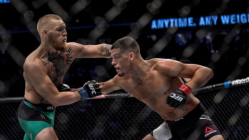 20 August 2016; Conor McGregor of Ireland in action against Nate Diaz of USA during their welterweight bout at UFC 202 in the T-Mobile Arena, Las Vegas, USA. Photo by Joshua Dahl/Sportsfile