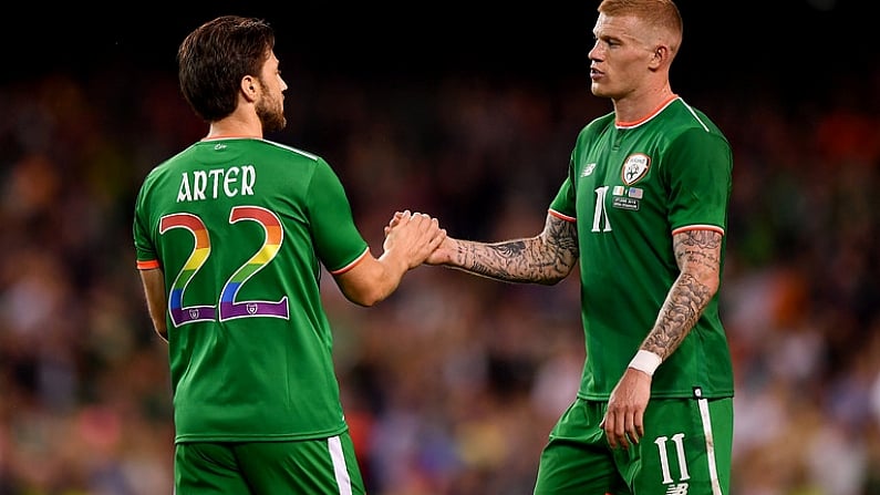 2 June 2018; James McClean, right, and Harry Arter of Republic of Ireland congratulate each other following their side's victory during the International Friendly match between Republic of Ireland and the United States at the Aviva Stadium in Dublin. Photo by Seb Daly/Sportsfile