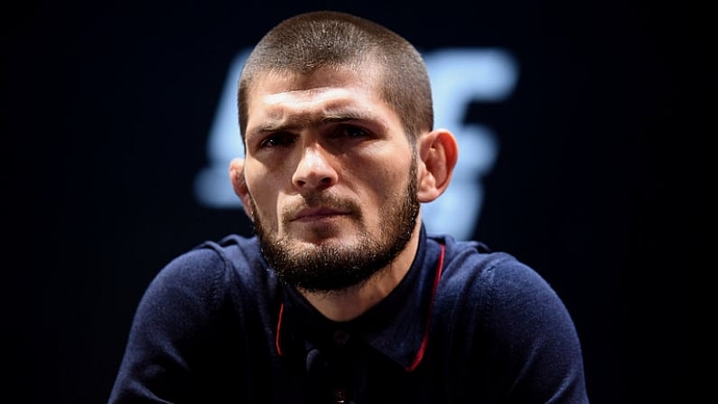 4 October 2018; Khabib Nurmagomedov during a press conference for UFC 229 at the Park Theater in Las Vegas, Nevada, United States. Photo by Stephen McCarthy/Sportsfile