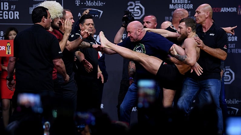 Watch: McGregor Kicks Out At Khabib During Final UFC 229 Face-Off