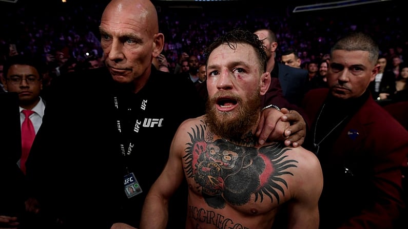 6 October 2018; Conor McGregor leaves the arena following his defeat to Khabib Nurmagomedov in their UFC lightweight championship fight during UFC 229 at T-Mobile Arena in Las Vegas, Nevada, USA. Photo by Stephen McCarthy/Sportsfile