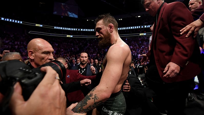 6 October 2018; Conor McGregor following defeat to Khabib Nurmagomedov in their UFC lightweight championship fight during UFC 229 at T-Mobile Arena in Las Vegas, Nevada, USA. Photo by Stephen McCarthy/Sportsfile