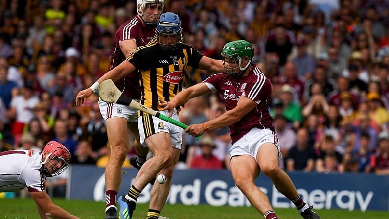 8 July 2018; Ger Aylward of Kilkenny kicks a goal, in the 34th minute, under pressure from Galway goalkeeper James Skehill, left, Adrian Tuohey, right, and Gearoid McInerney during the Leinster GAA Hurling Senior Championship Final Replay match between Kilkenny and Galway at Semple Stadium in Thurles, Co Tipperary. Photo by Ray McManus/Sportsfile